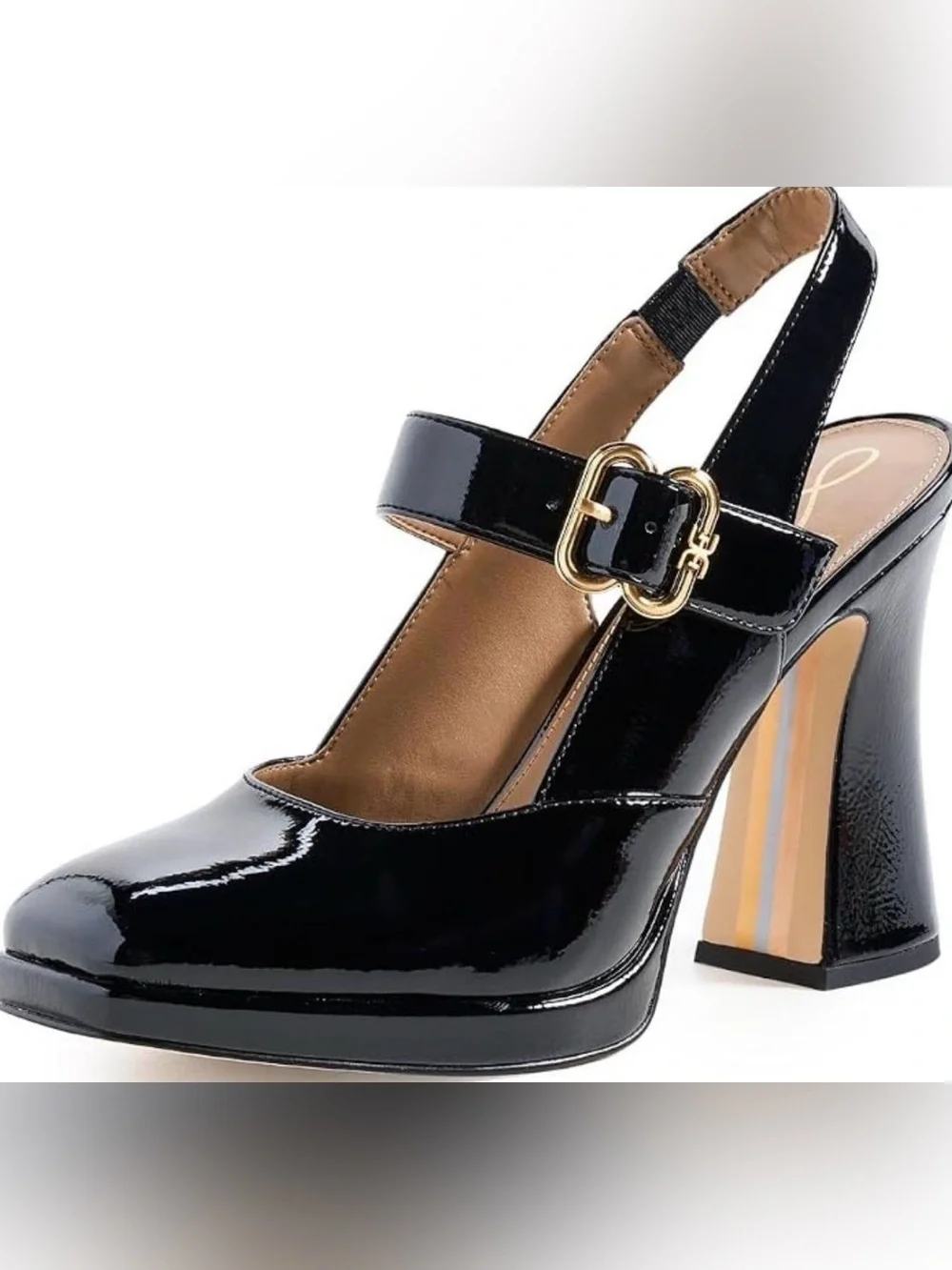 Sam Edelman Patent Black Mary Jane Slingback Block Heel with Gold Buckle Sz 7.5